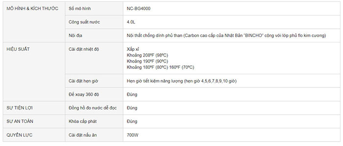 Thông số kỹ thuật Panasonic NC-BG4000