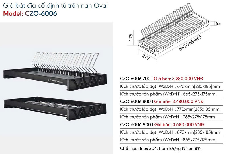 Giá bát đĩa cố định tủ trên nan Oval Canzy CZO-6006