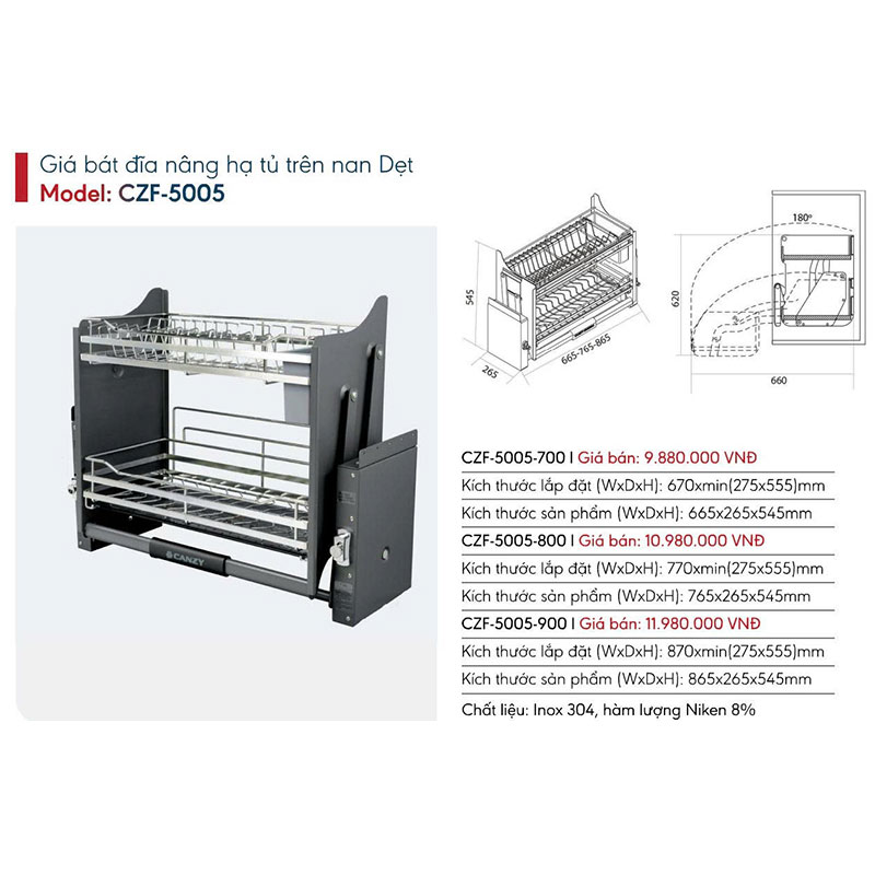 Giá bát đĩa nâng hạ tủ trên nan Dẹt Canzy CZF-5005