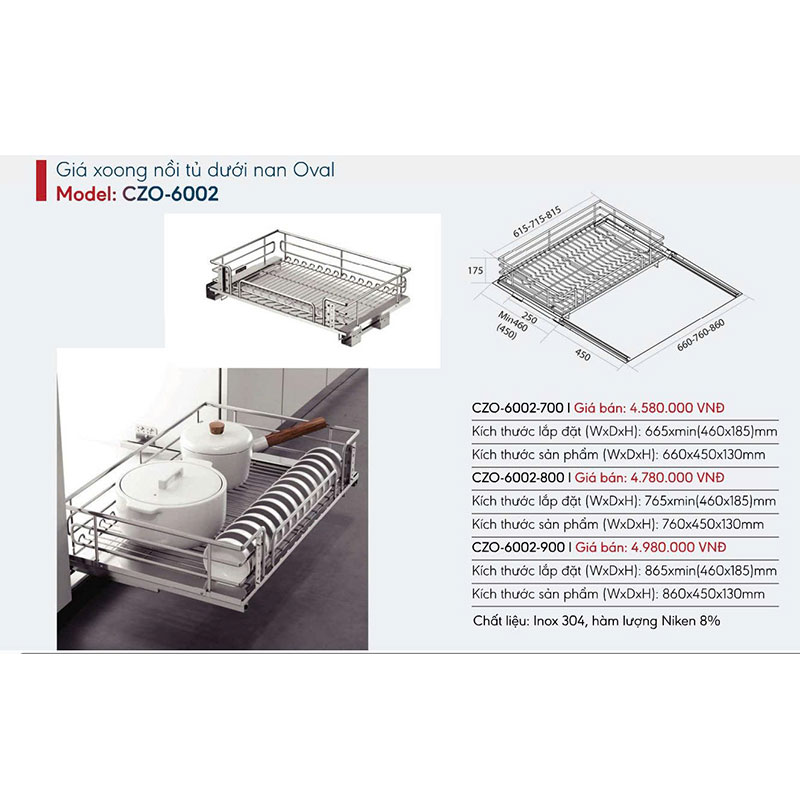 Giá xoong nồi tủ dưới nan Oval Canzy CZO-6002