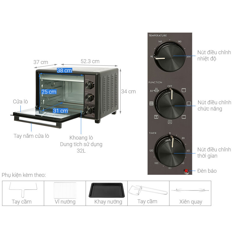 Lò nướng kết hợp chiên không dầu Electrolux EOT3218XG 32 lít