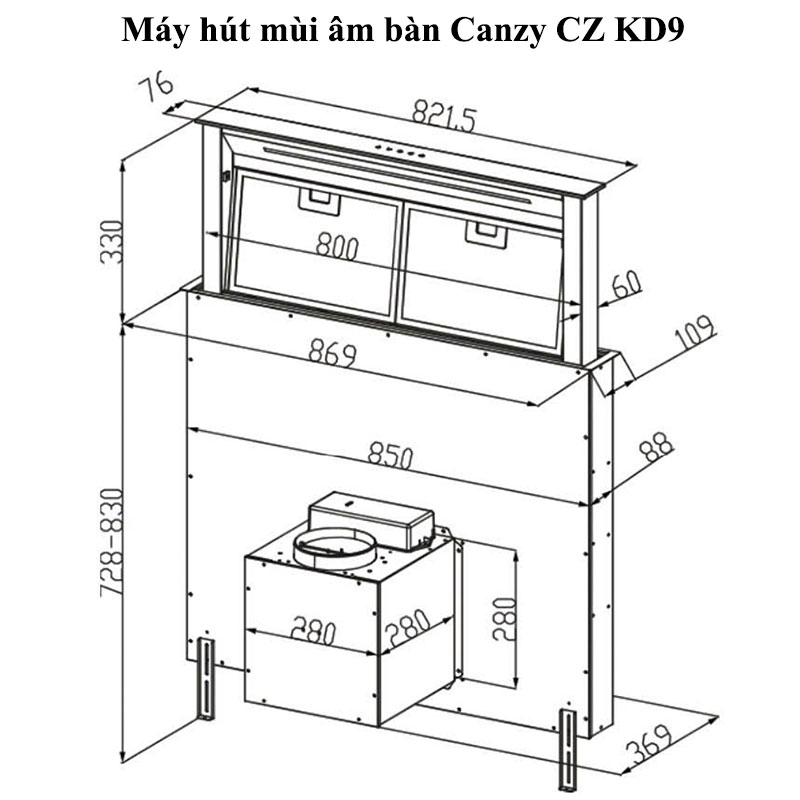 Kích thước lắp đặt Máy hút mùi âm bàn Canzy CZ KD9