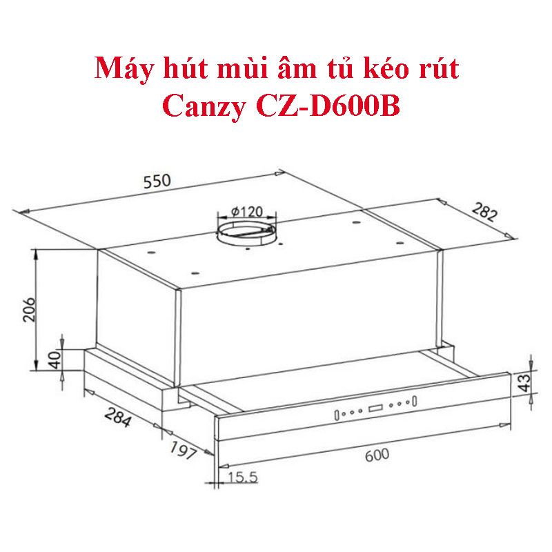 Kích thước lắp đặt Máy hút mùi âm tủ kéo rút Canzy CZ-D600B