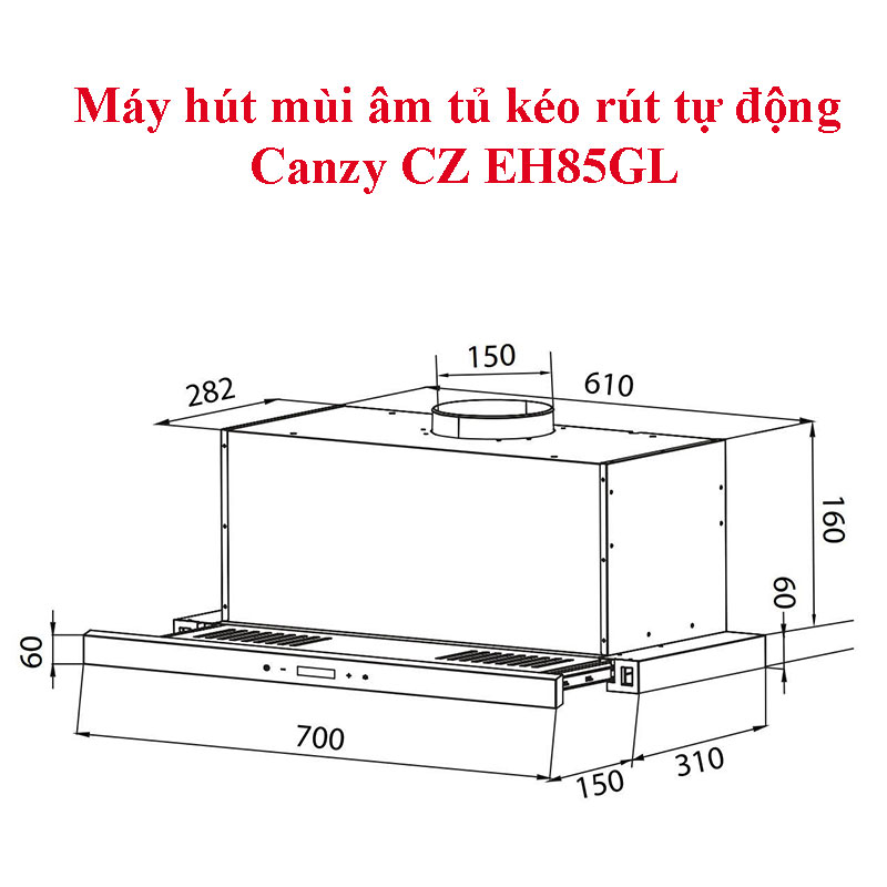 Kích thước lắp đặt Máy hút mùi âm tủ kéo rút tự động Canzy CZ EH85GL