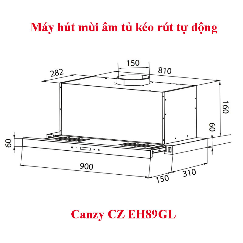Kích thước lắp đặt Máy hút mùi âm tủ kéo rút tự động Canzy CZ EH89GL