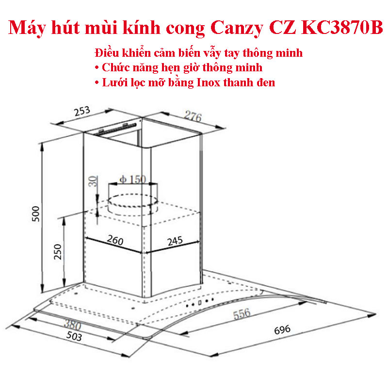 Kích thước lắp đặt Máy hút mùi kính cong Canzy CZ KC3870B