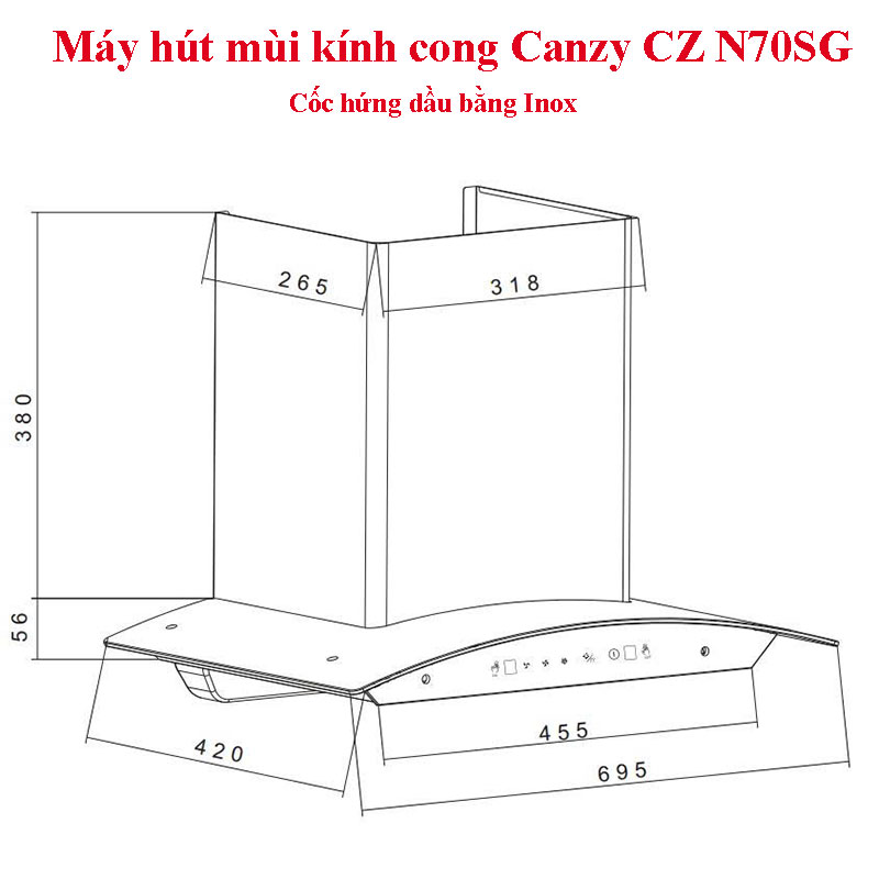 Kích thước lắp đặt Máy hút mùi kính cong Canzy CZ N70SG