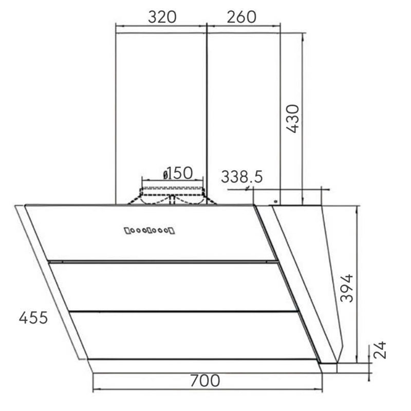 Kích thước lắp đặt Máy hút mùi kính vát Canzy CZ 700LCD