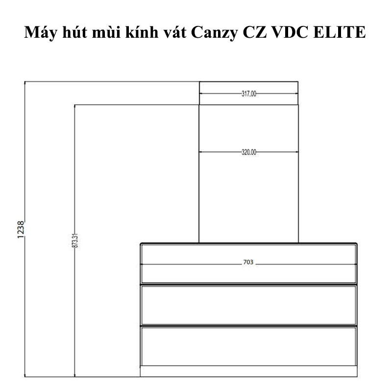 Kích thước lắp đặt Máy hút mùi kính vát Canzy CZ VDC ELITE 