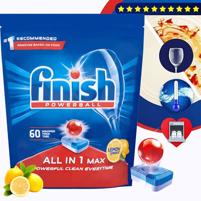 Túi 60 viên rửa chén Finish All In 1 Max Dishwasher Tablets Lemon Sparkle QT04585 - hương chanh