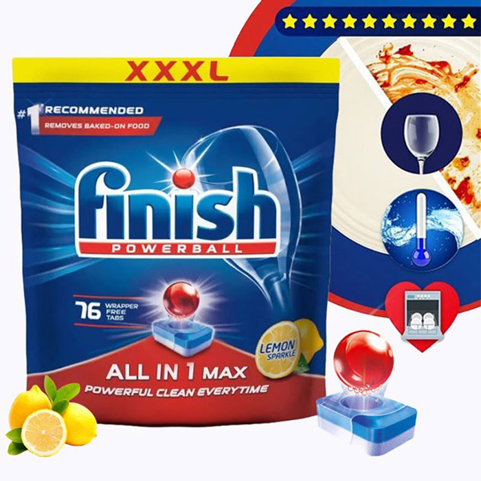 Túi 76 viên rửa chén Finish All In 1 Max Dishwasher Tablets Lemon Sparkle QT04589