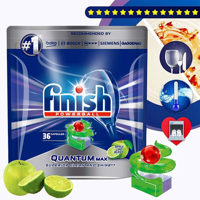 Túi 36 viên rửa chén Finish Quantum Max Dishwasher Tablets Apple Lime Blast QT09447