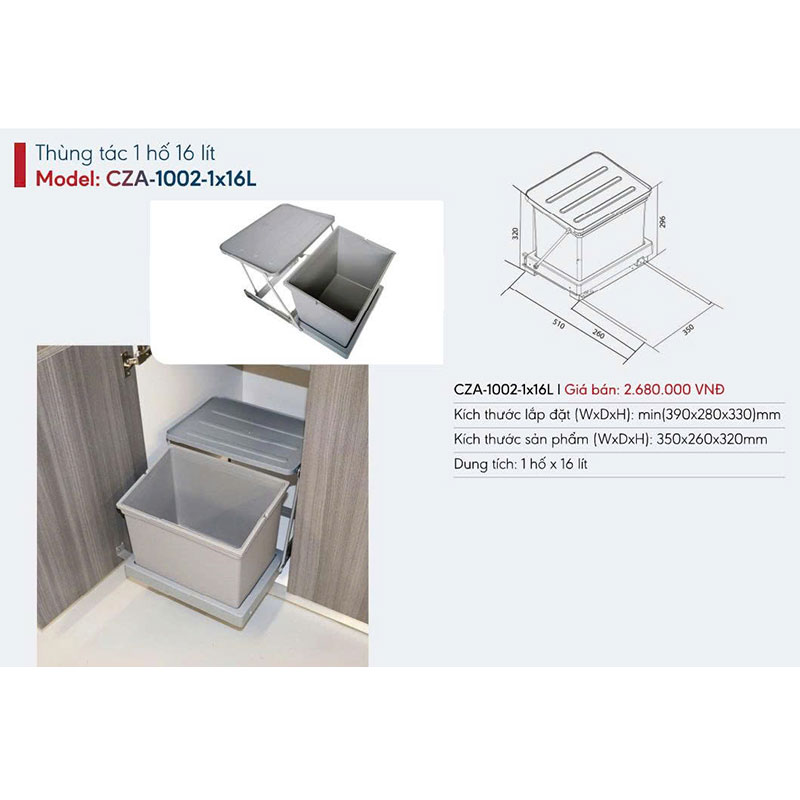 Thùng rác 1 hố 16 lít Canzy CZA-1002-1x16L